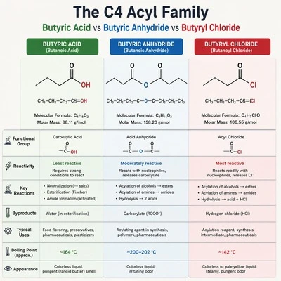 The C4 Acyl Family: Butyric Acid vs Butyric Anhydride vs Butyryl Chloride